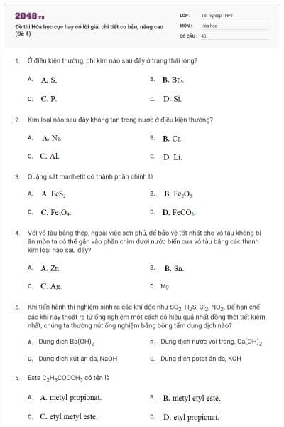 Đề thi Hóa học cực hay có lời giải chi tiết cơ bản, nâng cao (Đề 4)