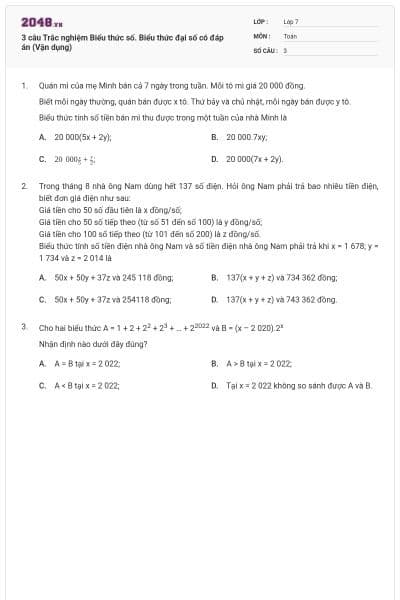 3 câu Trắc nghiệm Biểu thức số. Biểu thức đại số có đáp án (Vận dụng)