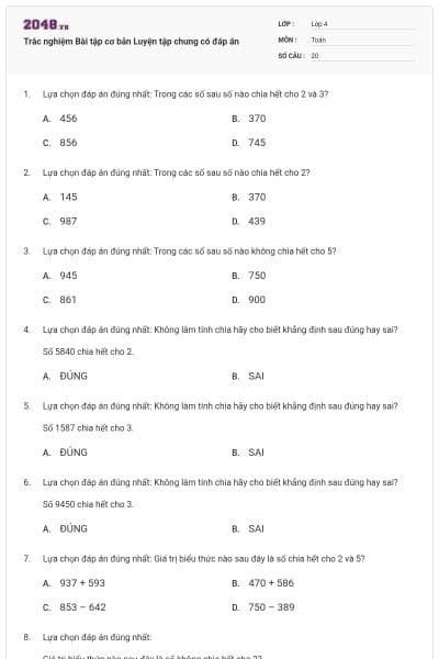 Trắc nghiệm Bài tập cơ bản Luyện tập chung có đáp án