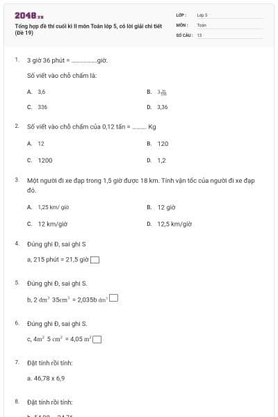 Tổng hợp đề thi cuối kì II môn Toán lớp 5, có lời giải chi tiết (Đề 19)