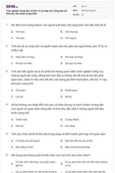Trắc nghiệm Công Dân 10 Bài 12 (có đáp án): Công dân với tình yêu, hôn nhân và gia đình