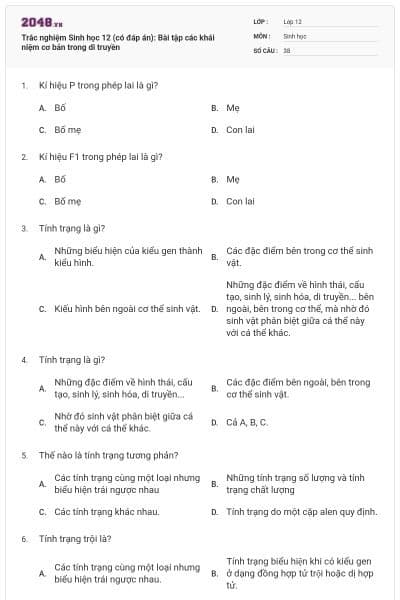 Trắc nghiệm Sinh học 12 (có đáp án): Bài tập các khái niệm cơ bản trong di truyền