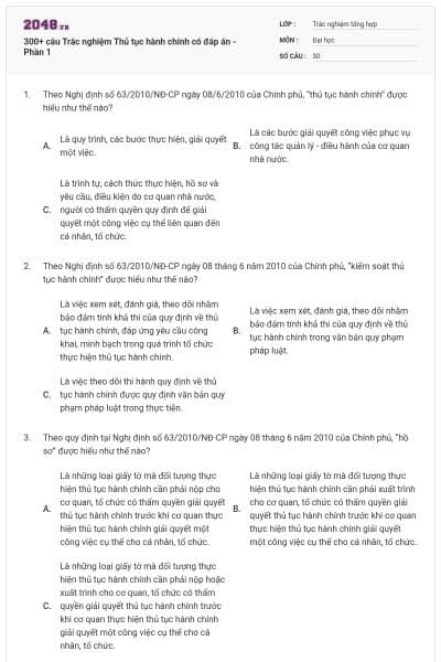 300+ câu Trắc nghiệm Thủ tục hành chính có đáp án - Phần 1