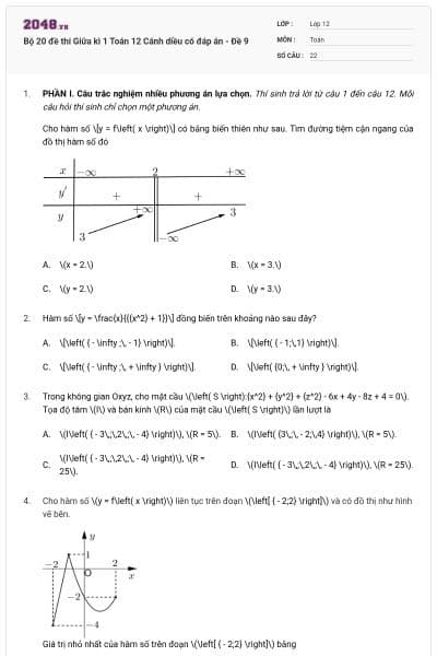 Bộ 20 đề thi Giữa kì 1 Toán 12 Cánh diều có đáp án - Đề 9