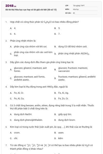 Đề thi thử Hóa học cực hay có lời giải chi tiết (đề số 13)