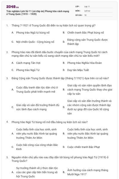 Trắc nghiệm Lịch Sử 11 (có đáp án) Phong trào cách mạng ở Trung Quốc (1919 – 1939)