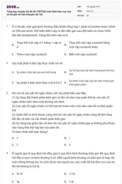 Tổng hợp chuyên đề đề thi THPTQG môn Sinh Học cực hay có lời giải chi tiết (Chuyên đề 18)