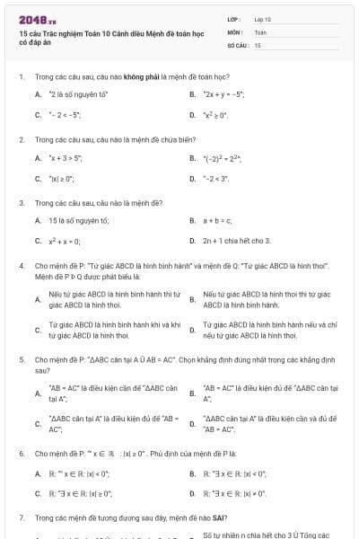 15 câu Trắc nghiệm Toán 10 Cánh diều Mệnh đề toán học có đáp án