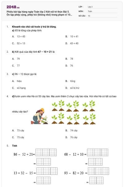 Phiếu bài tập hàng ngày Toán lớp 2 Kết nối tri thức Bài 5. Ôn tập phép cộng, phép trừ (không nhớ) trong phạm vi 100 có đáp án