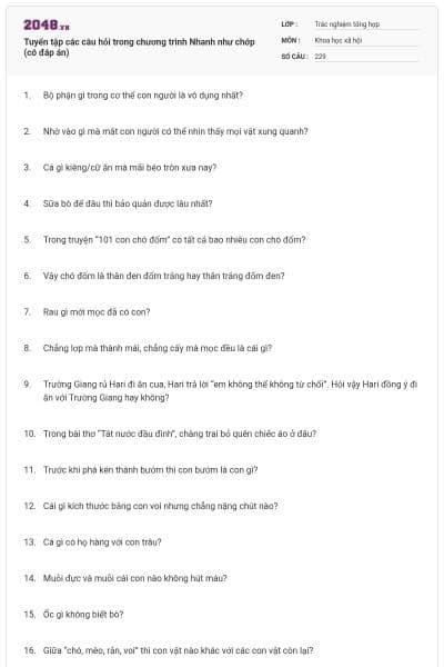 Tuyển tập các câu hỏi trong chương trình Nhanh như chớp (có đáp án)