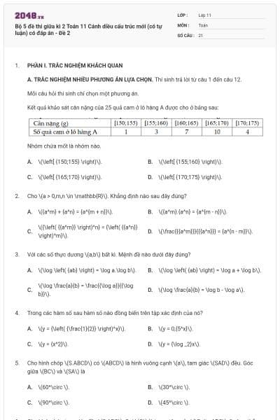 Bộ 5 đề thi giữa kì 2 Toán 11 Cánh diều cấu trúc mới (có tự luận) có đáp án - Đề 2