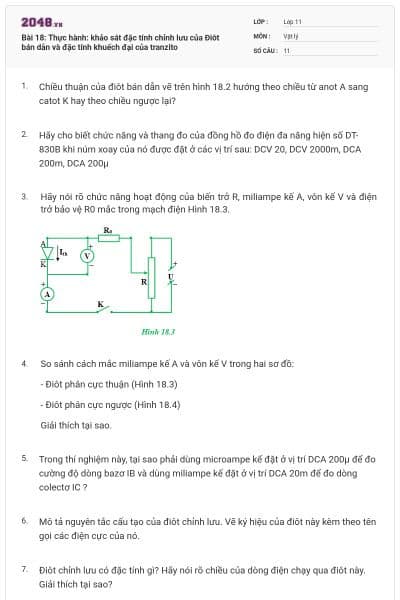 Bài 18: Thực hành: khảo sát đặc tính chỉnh lưu của Điôt bán dẫn và đặc tính khuếch đại của tranzito