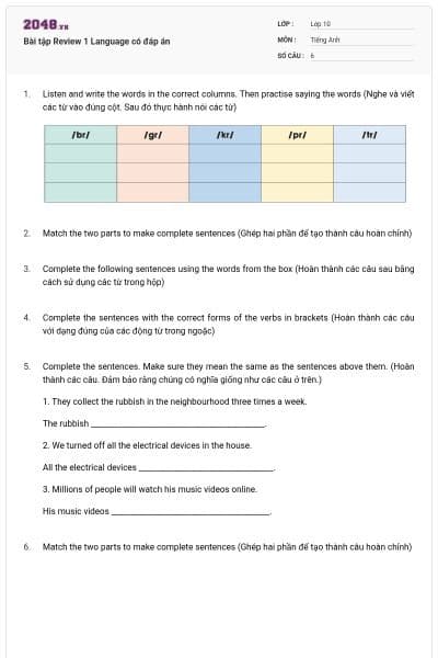 Bài tập Review 1 Language có đáp án