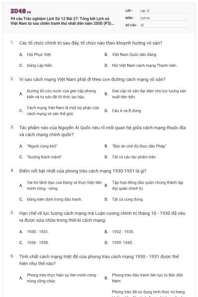 94 câu  Trắc nghiệm Lịch Sử 12 Bài 27: Tổng kết Lịch sử Việt Nam từ sau chiến tranh thứ nhất đến năm 2000 (P3) có đáp án