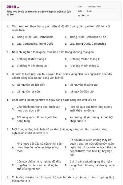 Tổng hợp 20 đề thi thử môn Địa Lý có đáp án mới nhất (đề số 10)