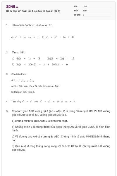 Đề thi Học kì 1 Toán lớp 8 cực hay, có đáp án (Đề 4)