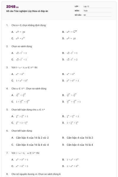 68 câu Trắc nghiệm Lũy thừa có đáp án