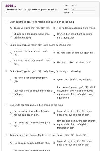 13 Đề kiểm tra Vật Lí 11 cực hay có lời giải chi tiết (Đề số 6)