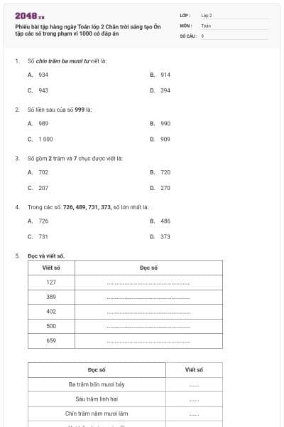 Phiếu bài tập hàng ngày Toán lớp 2 Chân trời sáng tạo Ôn tập các số trong phạm vi 1000 có đáp án