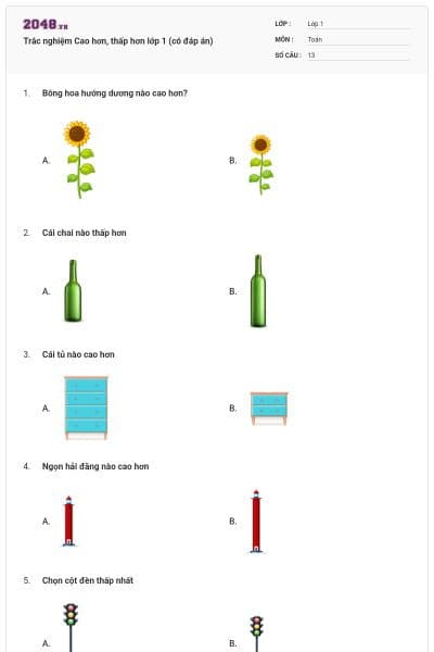 Trắc nghiệm Cao hơn, thấp hơn lớp 1 (có đáp án)