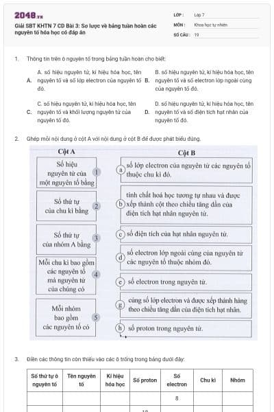 Giải SBT KHTN 7 CD Bài 3: Sơ lược về bảng tuần hoàn các nguyên tố hóa học có đáp án