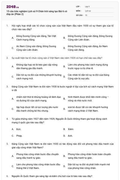 15 câu trắc nghiệm Lịch sử 9 Chân trời sáng tạo Bài 6 có đáp án (Phần 2)