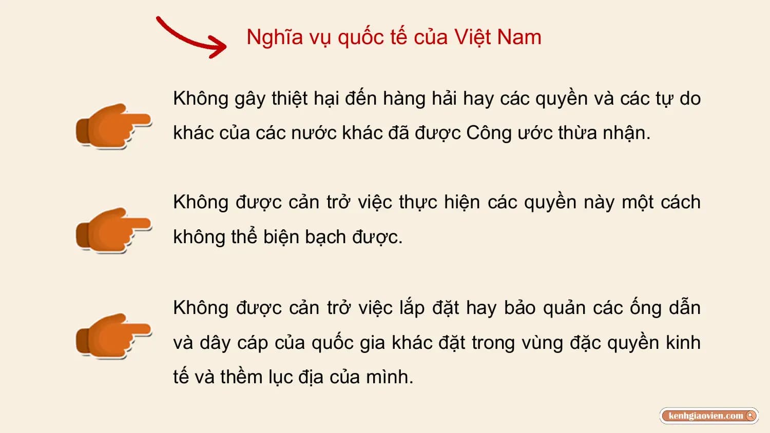 Nghĩa vụ quốc tế của Việt Nam

Không gây thiệt hại đến hàng hải hay các quyền và các tự do
khác của các nước khác đã được Công ước thừa nhận.

Không được cản trở việc thực hiện các quyền này một cách
không thể biện bạch được.

Không được cản trở việc lắp đặt hay bảo quản các ống dẫn
và dây cáp của quốc gia khác đặt trong vùng đặc quyền kinh
tế và thềm lục địa của mình.