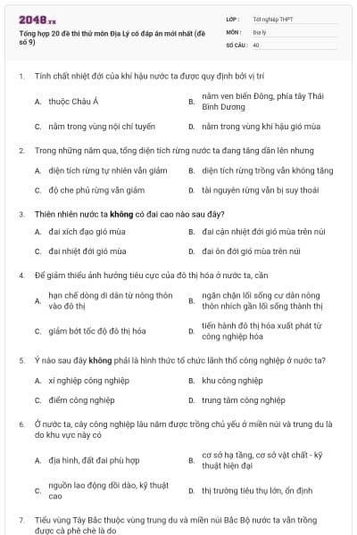 Tổng hợp 20 đề thi thử môn Địa Lý có đáp án mới nhất (đề số 9)