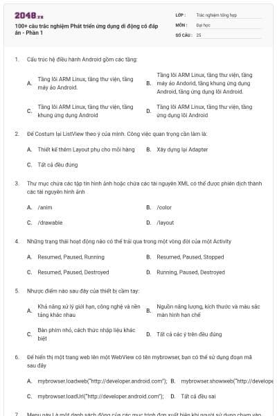 100+ câu trắc nghiệm Phát triển ứng dụng di động có đáp án - Phần 1