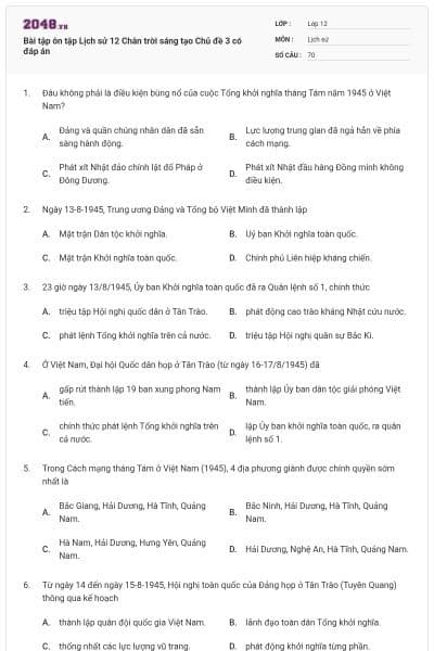 Bài tập ôn tập Lịch sử 12 Chân trời sáng tạo Chủ đề 3 có đáp án