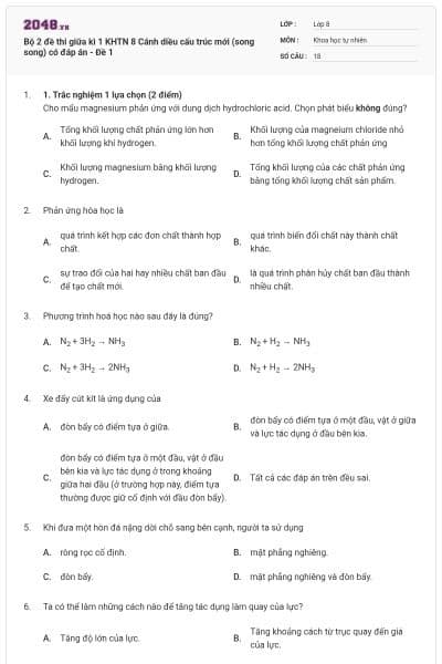 Bộ 2 đề thi giữa kì 1 KHTN 8 Cánh diều cấu trúc mới (song song) có đáp án - Đề 1