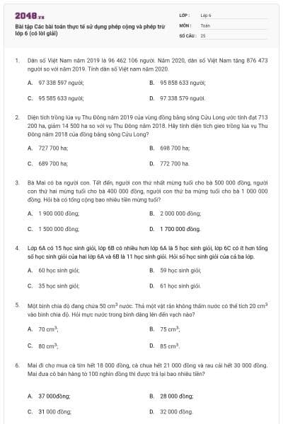 Bài tập Các bài toán thực tế sử dụng phép cộng và phép trừ lớp 6 (có lời giải)