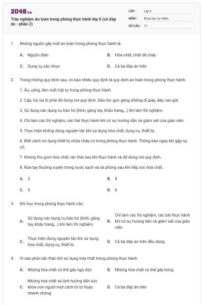 Trắc nghiệm An toàn trong phòng thực hành lớp 6 (có đáp án - phần 2)