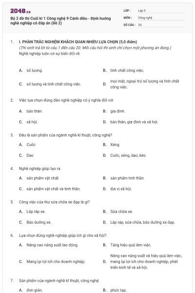 Bộ 2 đề thi Cuối kì 1 Công nghệ 9 Cánh diều - Định hướng nghề nghiệp có đáp án (Đề 2)