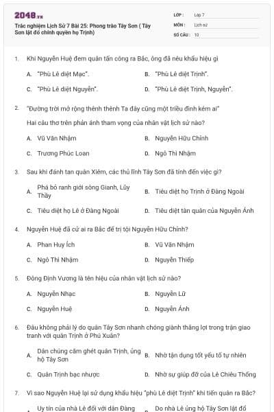 Trắc nghiệm Lịch Sử 7 Bài 25: Phong trào Tây Sơn ( Tây Sơn lật đổ chính quyền họ Trịnh)