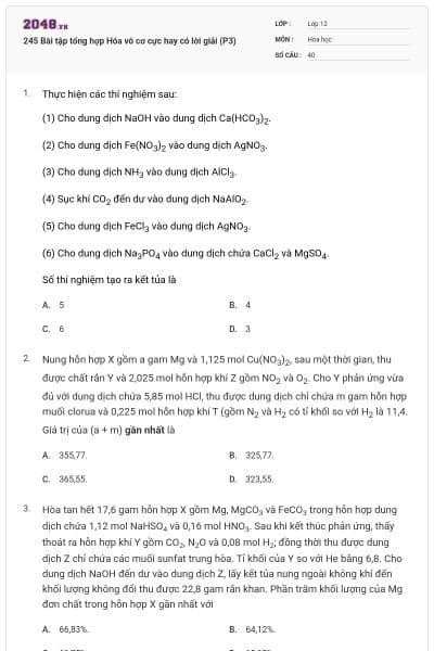 245 Bài tập tổng hợp Hóa vô cơ cực hay có lời giải (P3)