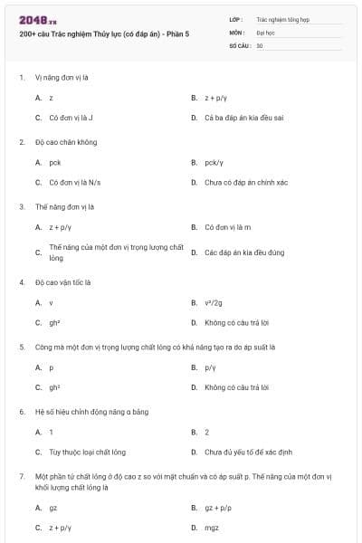 200+ câu Trắc nghiệm Thủy lực (có đáp án) - Phần 5