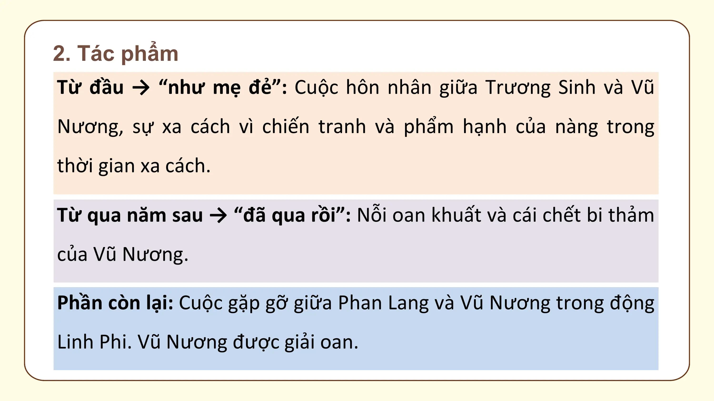 2. Tác phẩm
Từ đầu → “như mẹ đẻ”: Cuộc hôn nhân giữa Trương Sinh và Vũ
Nương, sự xa cách vì chiến tranh và phẩm hạnh của nàng trong
thời gian xa cách.

Từ qua năm sau → “đã qua rồi”: Nỗi oan khuất và cái chết bi thảm
của Vũ Nương.

Phần còn lại: Cuộc gặp gỡ giữa Phan Lang và Vũ Nương trong động
Linh Phi. Vũ Nương được giải oan.