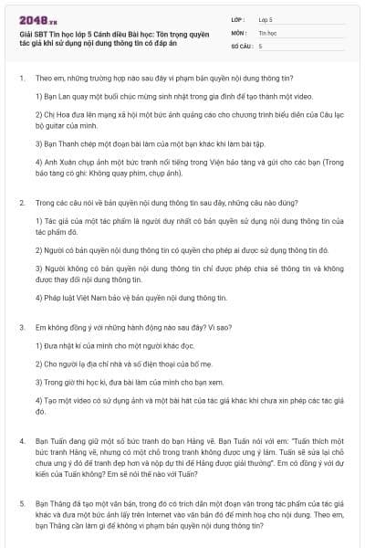 Giải SBT Tin học lớp 5 Cánh diều Bài học: Tôn trọng quyền tác giả khi sử dụng nội dung thông tin  có đáp án