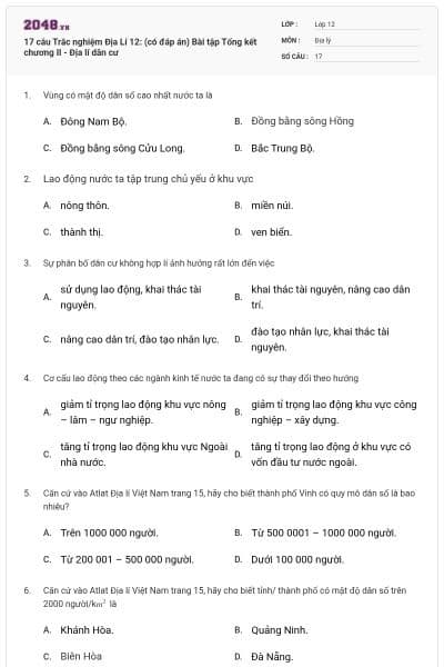 17 câu Trắc nghiệm Địa Lí 12: (có đáp án) Bài tập Tổng kết chương II - Địa lí dân cư