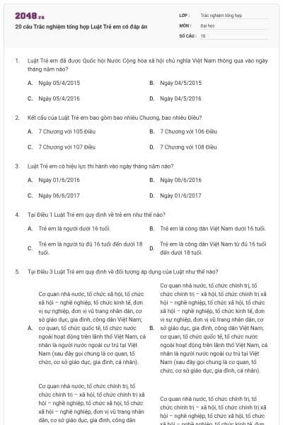 20 câu Trắc nghiệm tổng hợp Luật Trẻ em có đáp án