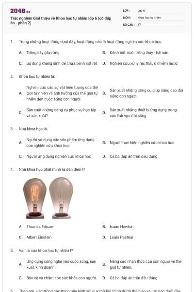 Trắc nghiệm Giới thiệu về Khoa học tự nhiên lớp 6 (có đáp án - phần 2)