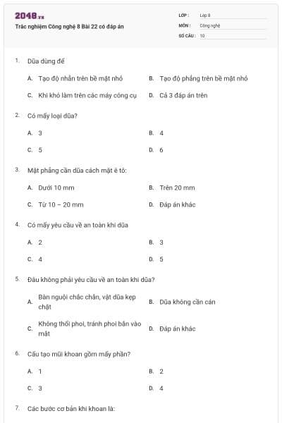 Trắc nghiệm Công nghệ 8 Bài 22 có đáp án