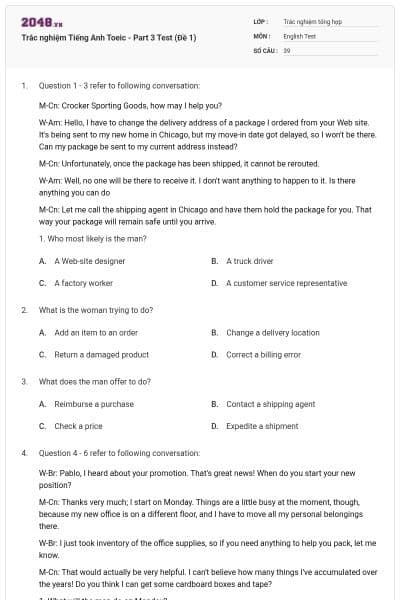 Trắc nghiệm Tiếng Anh Toeic - Part 3 Test (Đề 1)