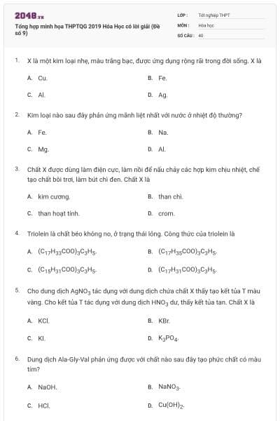 Tổng hợp minh họa THPTQG 2019 Hóa Học có lời giải (Đề số 9)