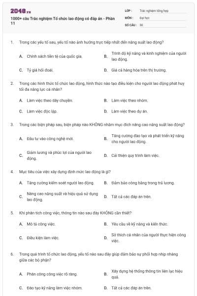 1000+ câu Trắc nghiệm Tổ chức lao động có đáp án - Phần 11
