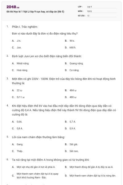 Đề thi Học kì 1 Vật Lí lớp 9 cực hay, có đáp án (Đề 5)