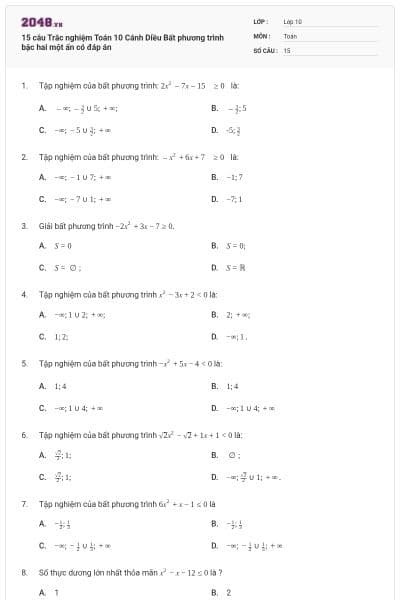 15 câu Trắc nghiệm Toán 10 Cánh Diều Bất phương trình bậc hai một ẩn có đáp án