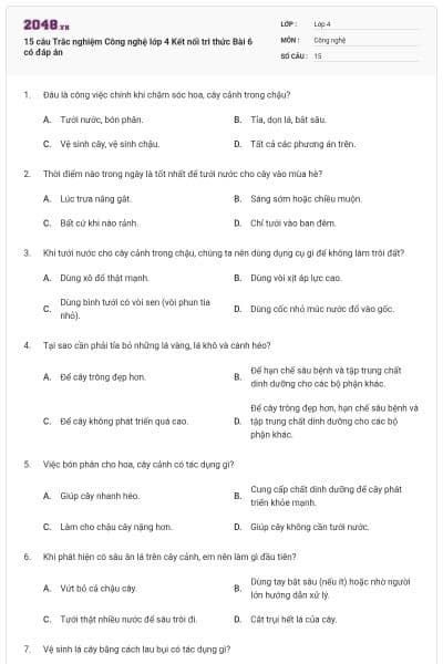 15 câu Trắc nghiệm Công nghệ lớp 4 Kết nối tri thức Bài 6 có đáp án