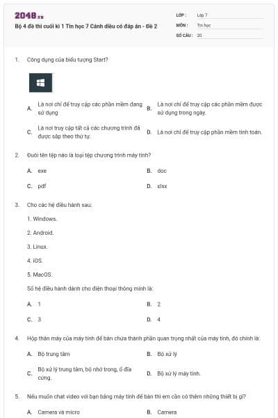 Bộ 4 đề thi cuối kì 1 Tin học 7 Cánh diều có đáp án - Đề 2